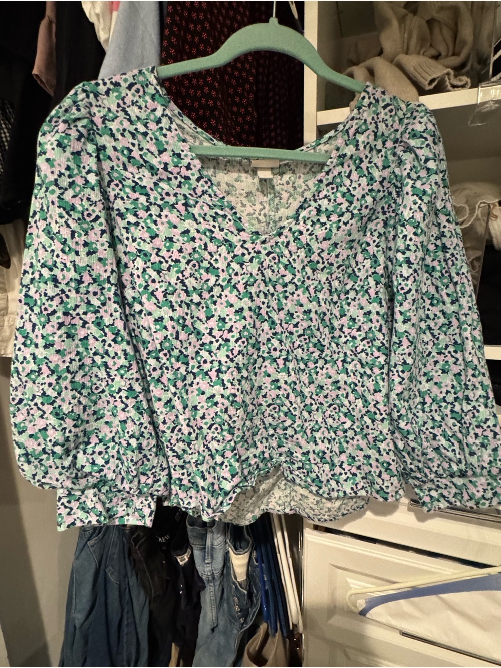 a new day Mint Floral V-Neck Puff Sleeve Blouse with Lavender Accents